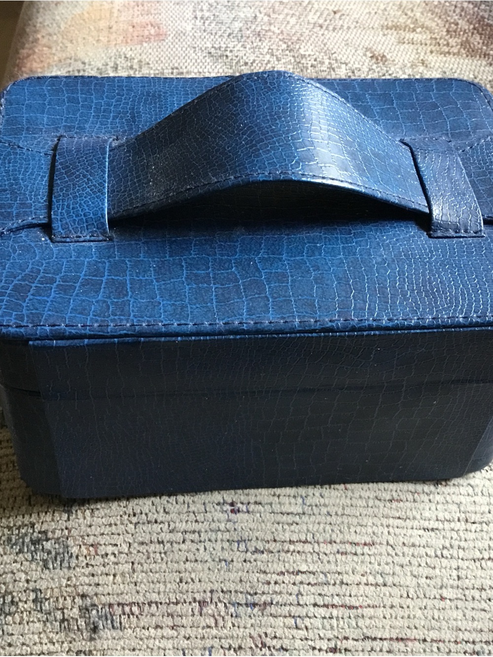 Mini Portable Blue Croc-Embossed Leather Jewelry Case with Top Handle